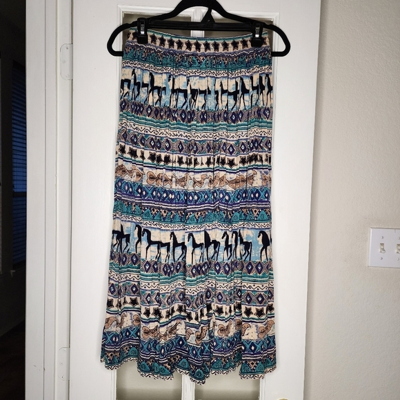 Vintage Phool Western Horse Bird Print Boho Crinkle Lightweight Midi Skirt Small - Picture 3 of 9